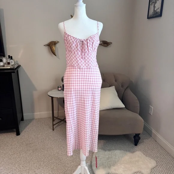 NWT Realisation Par Elsa Silk Midi Dress in Pink Gingham Size Medium M - Picture 5 of 11